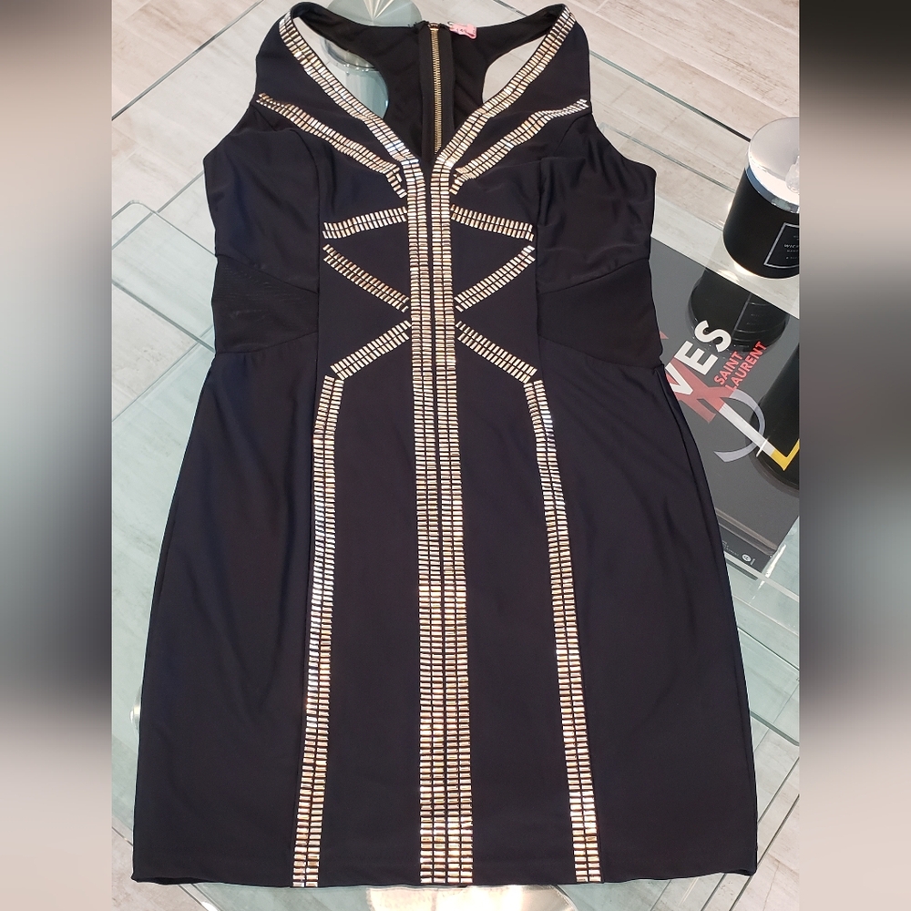 BEBE- Satin effect black embellished racerback dress with mesh instets